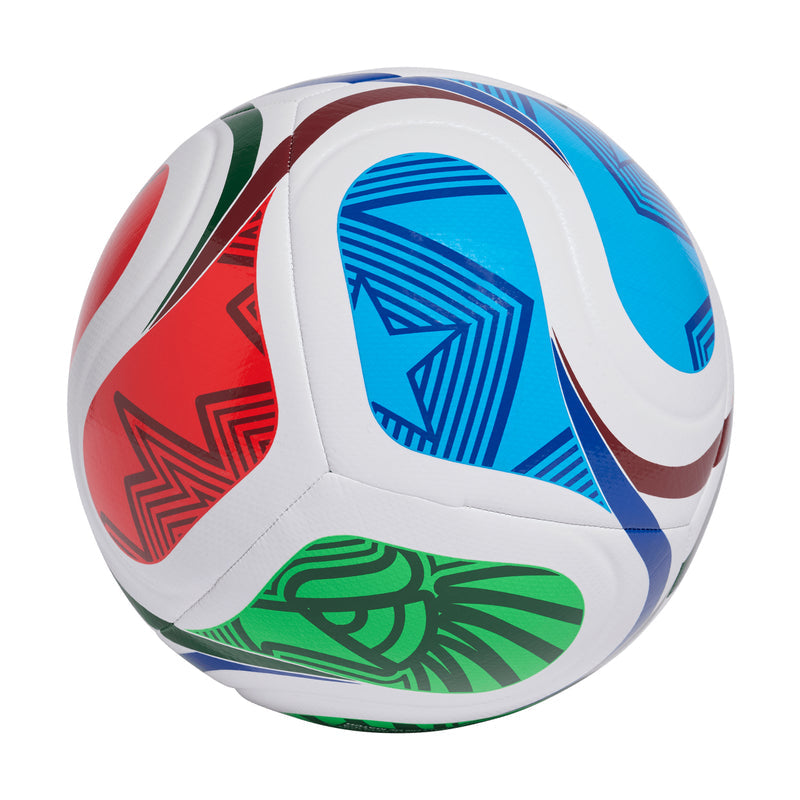 White training football with blue geometric panels, red side accents, and green trim.