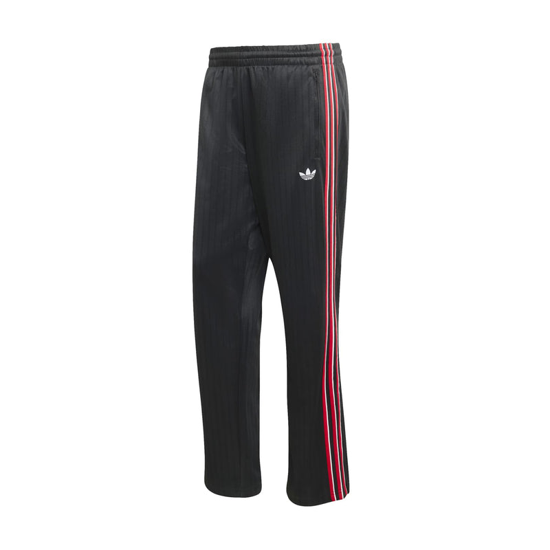 Black track pants with elastic waist, small logo, and red-and-white side stripe
