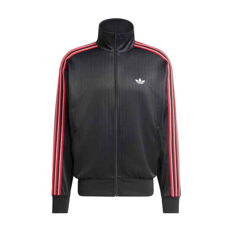 Men's black track jacket with red-and-white triple stripe sleeves, zip front and hood