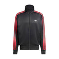 Men's black track jacket with red-and-white triple stripe sleeves, zip front and hood