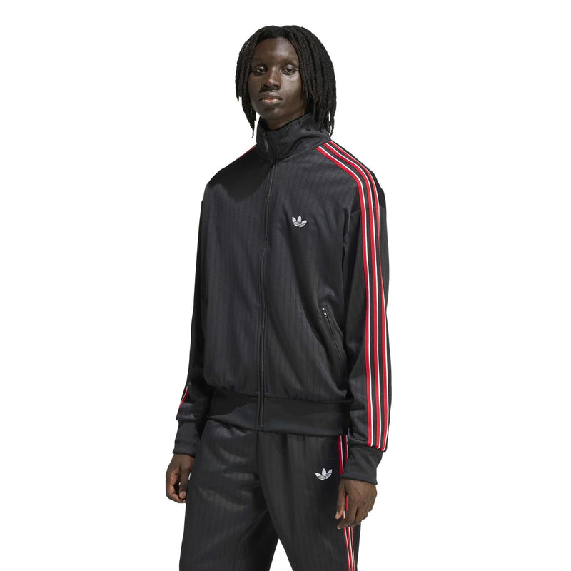 Men's black track jacket with red-and-white stripe sleeves and white trefoil-style chest logo