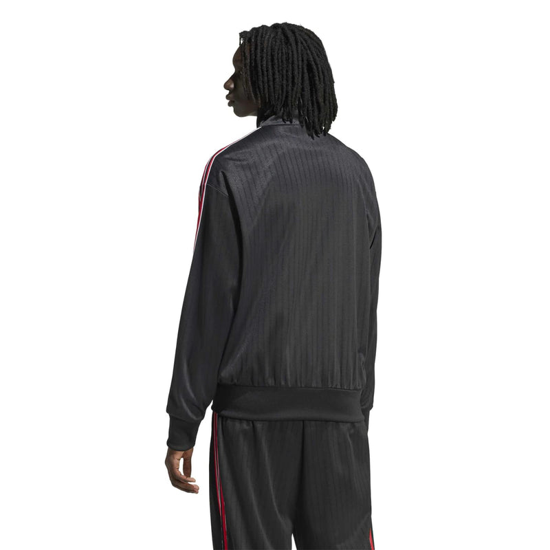 Men's black track jacket back view with red-and-white stripe accents and full-length zip