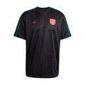 Men's black football jersey with green side stripes and red crest logo on chest