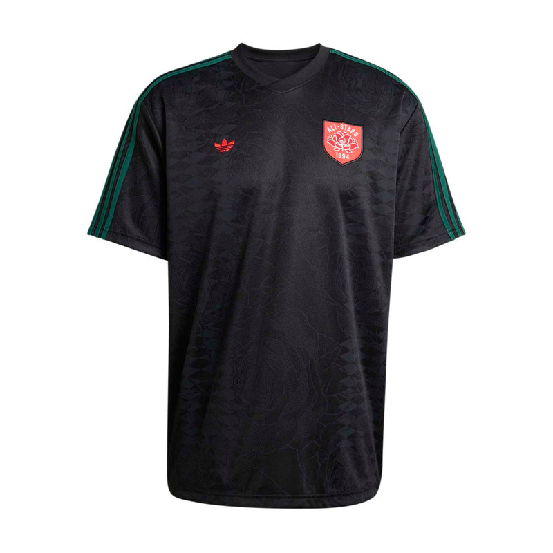 Men's black football jersey with green side stripes and red crest logo on chest
