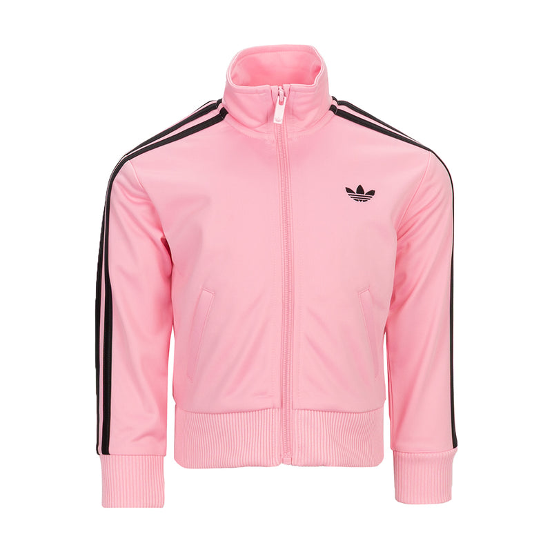 Youth pink track jacket with full-zip, hood, ribbed cuffs and black side stripes