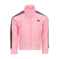 Youth pink track jacket with full-zip, hood, ribbed cuffs and black side stripes