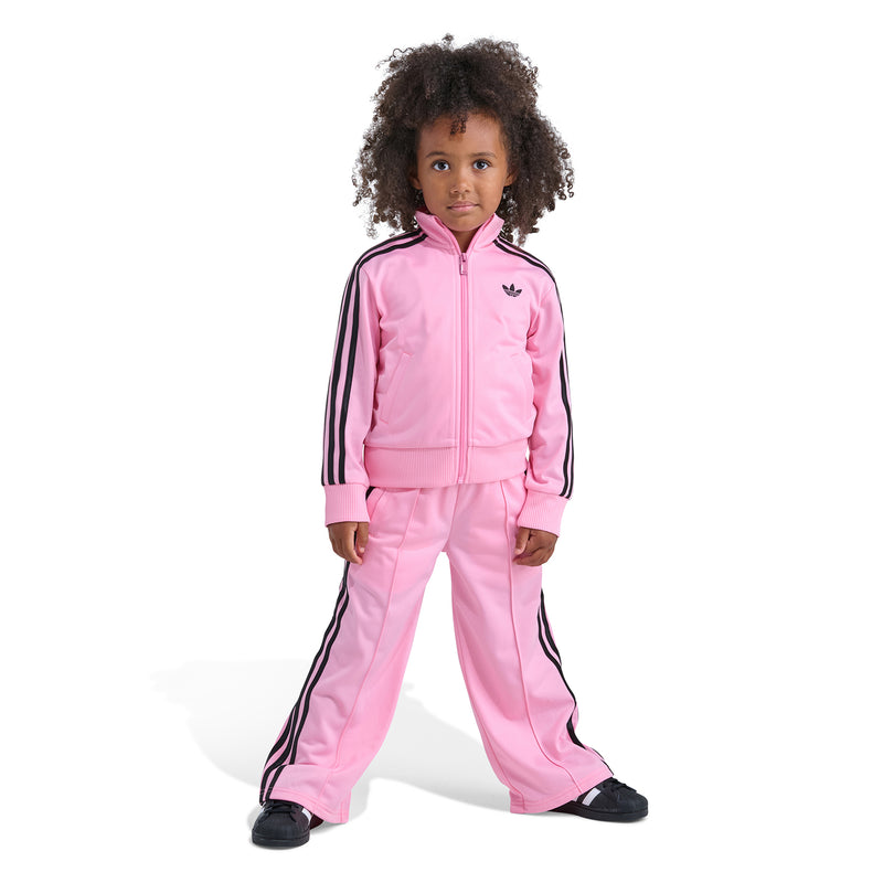 Kids' light pink track set with full-zip jacket and wide-leg pants, black stripes