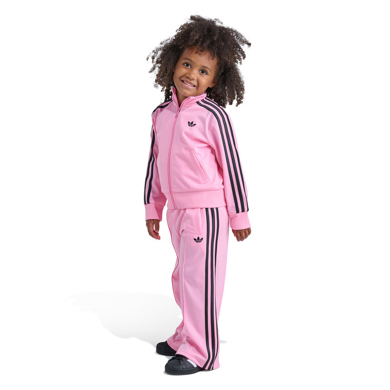 Kids' light pink track jacket and wide-leg pants with black stripes and trefoil logo