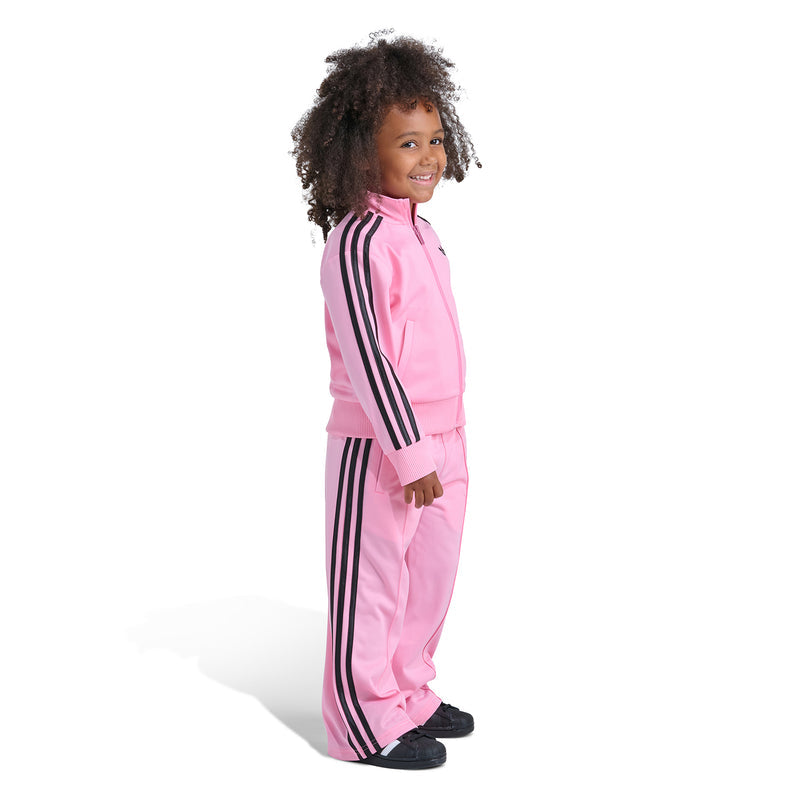 Kids' light pink track jacket and wide-leg pants with black side stripes