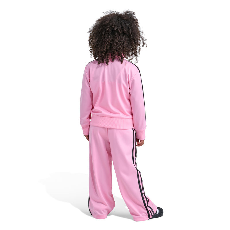 Kids' light pink track jacket and wide-leg pants back view with black stripes
