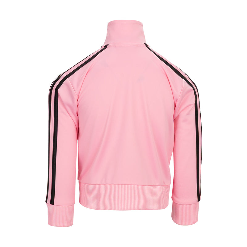 Kids' light pink track jacket back with black shoulder and sleeve stripes