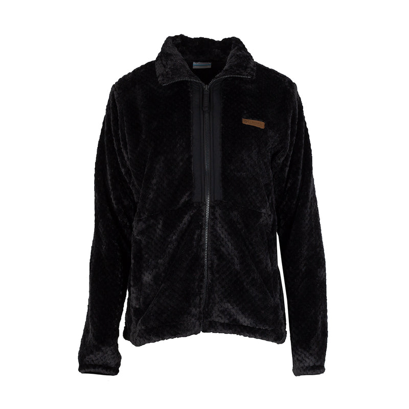 Women's black full-zip fleece jacket with stand collar and zippered chest pocket