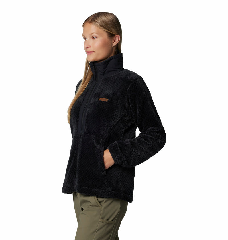 Women's black full-zip fleece jacket with stand collar and tan logo patch, side view