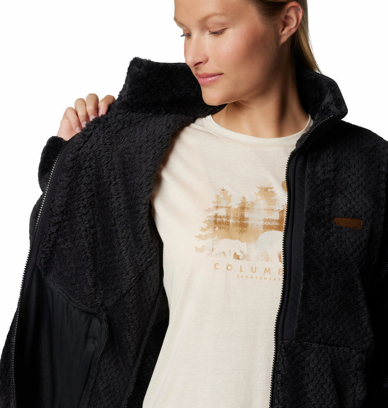 Women's black full-zip fleece jacket close-up of pocket flap, zipper, and stand collar