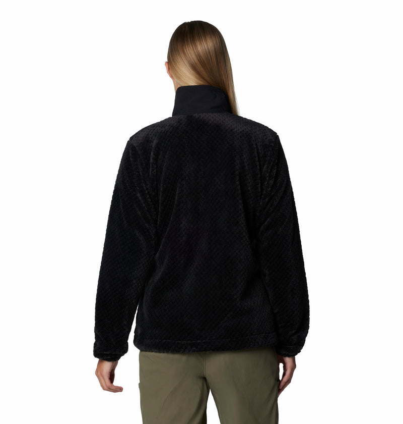 Women's black full-zip fleece jacket back view with curved hem and quilted texture