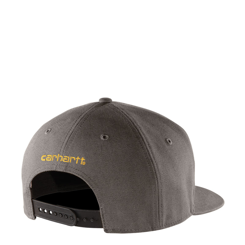 Gravel duck flat brim cap with Carhartt side embroidery and adjustable snap strap