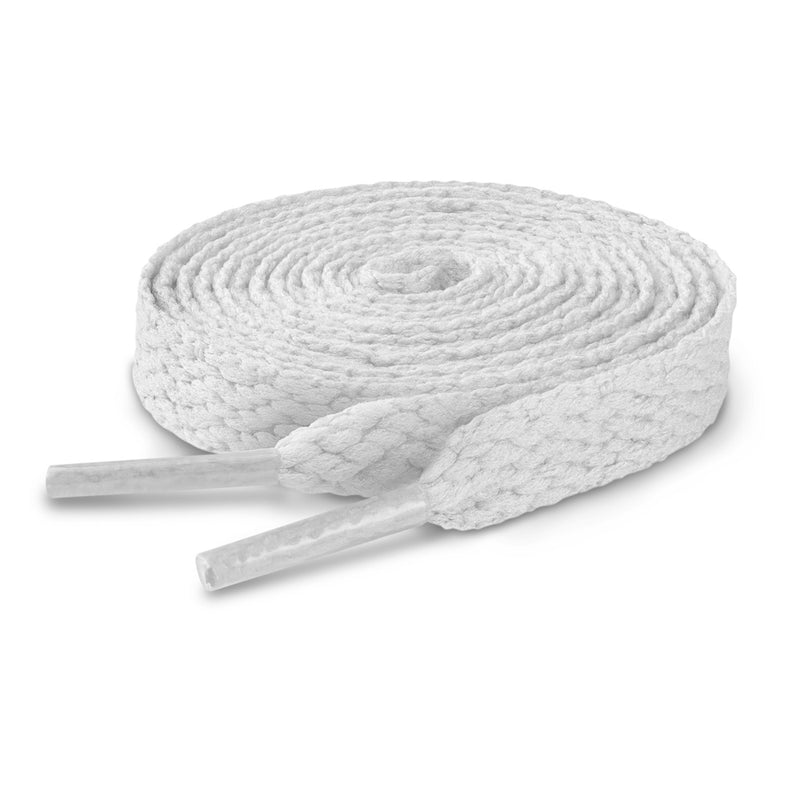 Rolled pair of white flat shoelaces with aglets