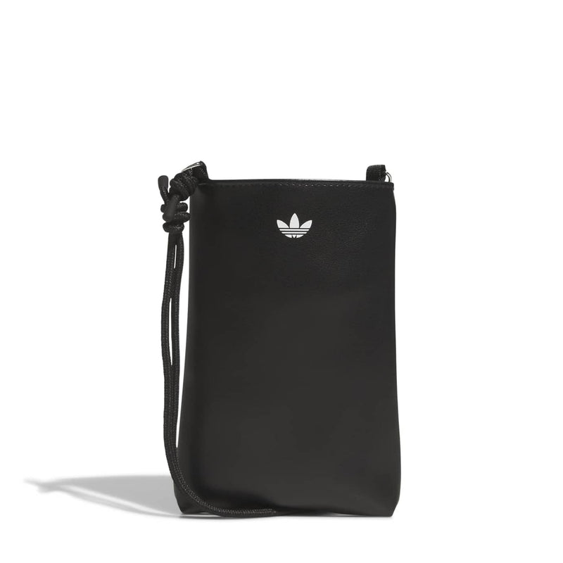 Black flat crossbody bag with drawstring closure and Adidas trefoil logo