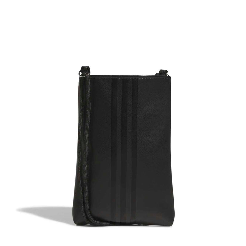 Black flat crossbody bag back view with vertical pattern and top loop