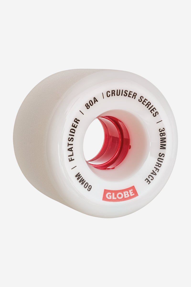 Flatsider 60mm cruiser wheel in white with red inner hub and Globe logo