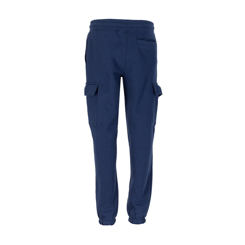 Youth navy fleece cargo pants, back view, side cargo pocket detail