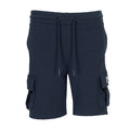Youth navy fleece cargo shorts with elastic waist and drawstring, front cargo pockets