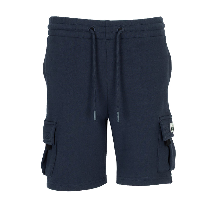 Youth navy fleece cargo shorts with elastic waist and drawstring, front cargo pockets