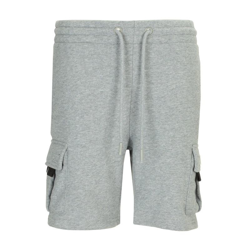 Youth heather grey fleece cargo shorts with drawstring waist and side cargo pockets