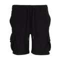 Black fleece cargo shorts, drawstring waistband, side cargo pockets