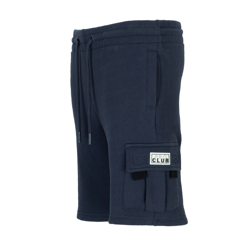 Youth navy fleece cargo shorts with cargo pocket and CLUB logo patch, side view