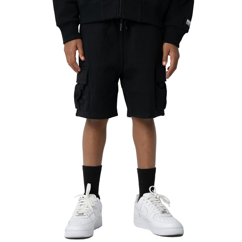 Black fleece cargo shorts with flap cargo pockets on both legs