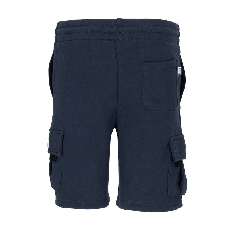 Youth navy fleece cargo shorts with two cargo flap pockets and back elastic waistband