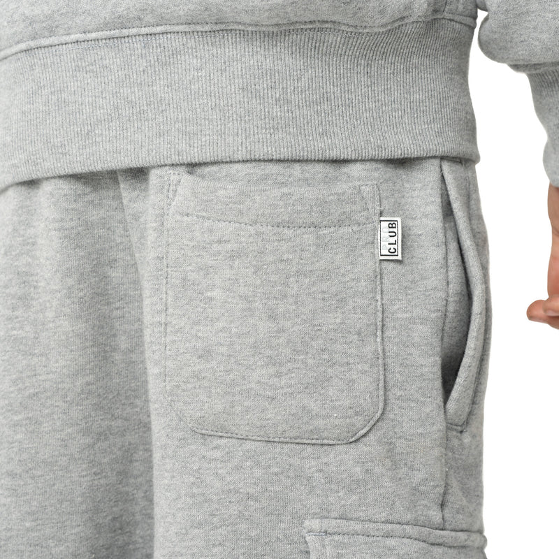 Youth heather grey fleece cargo shorts with large front pocket and small logo tag