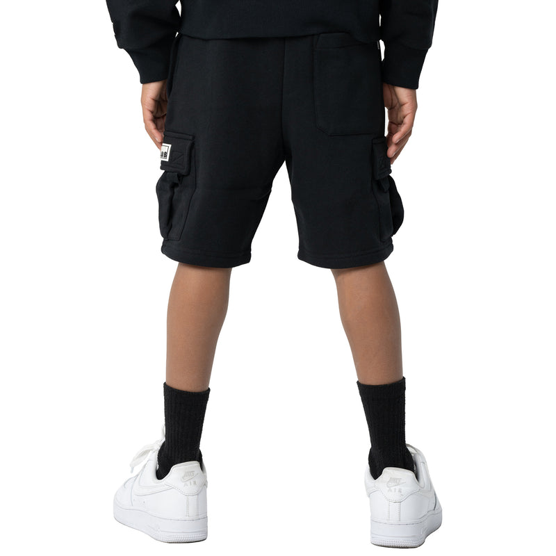 Youth black fleece cargo shorts with cargo pockets and drawstring waist