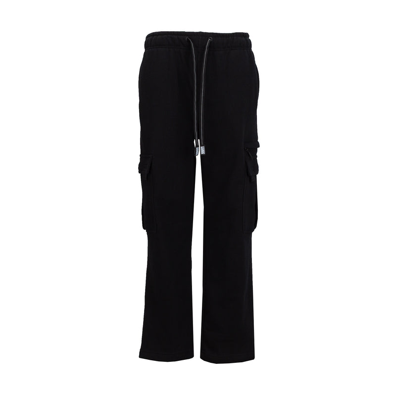 Women's black fleece cargo sweatpants, drawstring waist, zip front, side cargo pockets