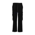 Women's black fleece cargo sweatpants, drawstring waist, zip front, side cargo pockets