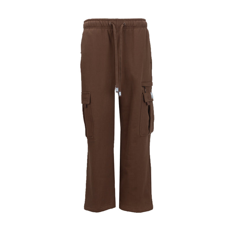 Chocolate brown women's fleece cargo sweatpants with elastic drawstring waist and cargo pockets