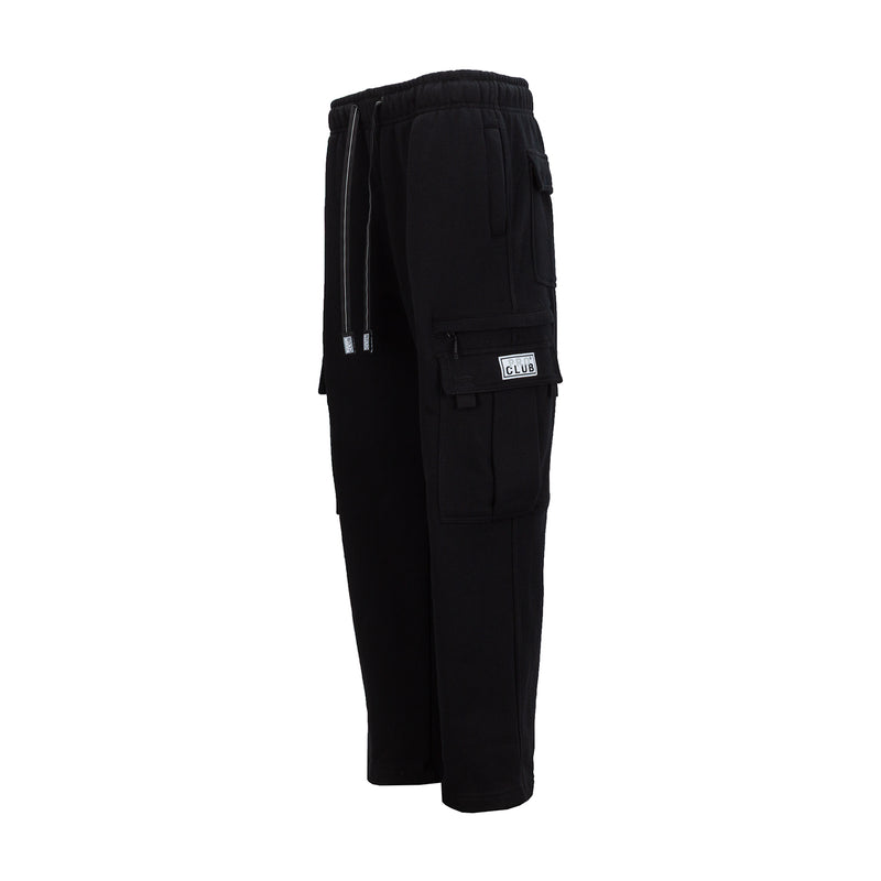 Women's black fleece cargo sweatpants, side view with cargo flap pocket and small logo patch