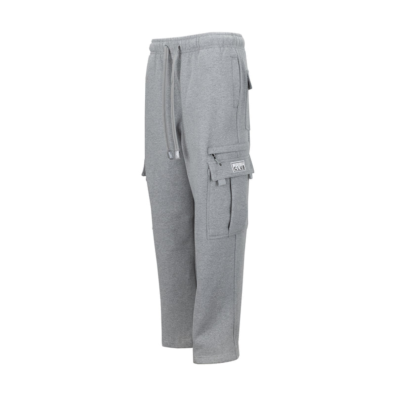 Women's heather grey fleece cargo sweatpants, side view with flap cargo pockets