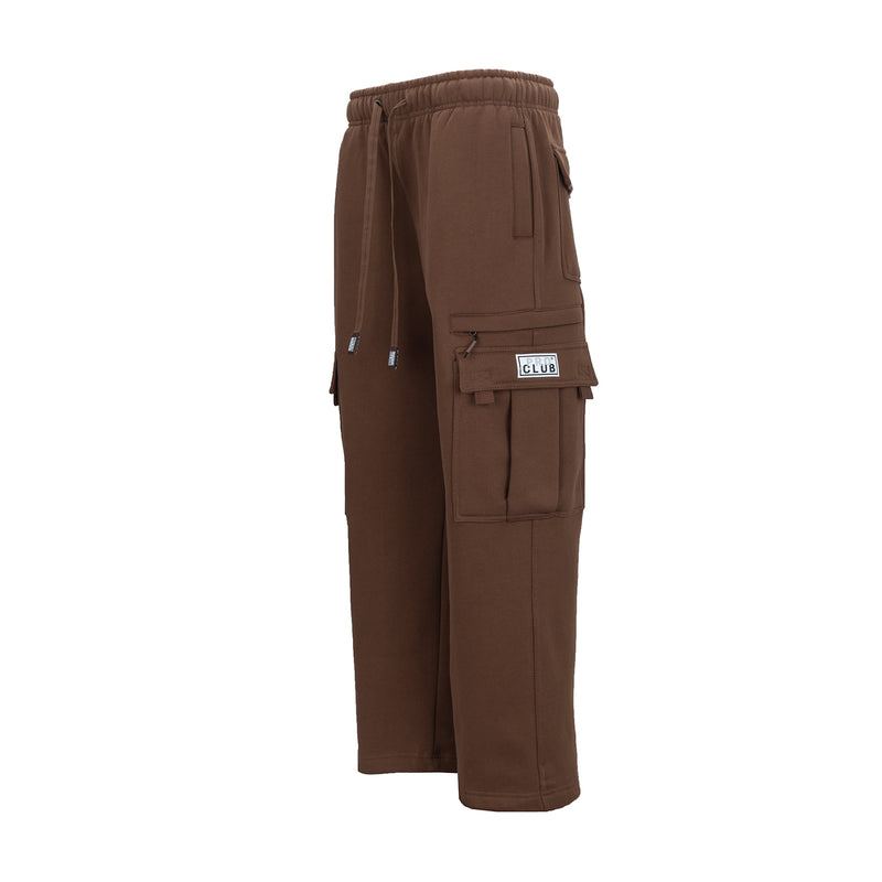 Chocolate brown women's fleece cargo sweatpants with side cargo pockets and elastic waistband