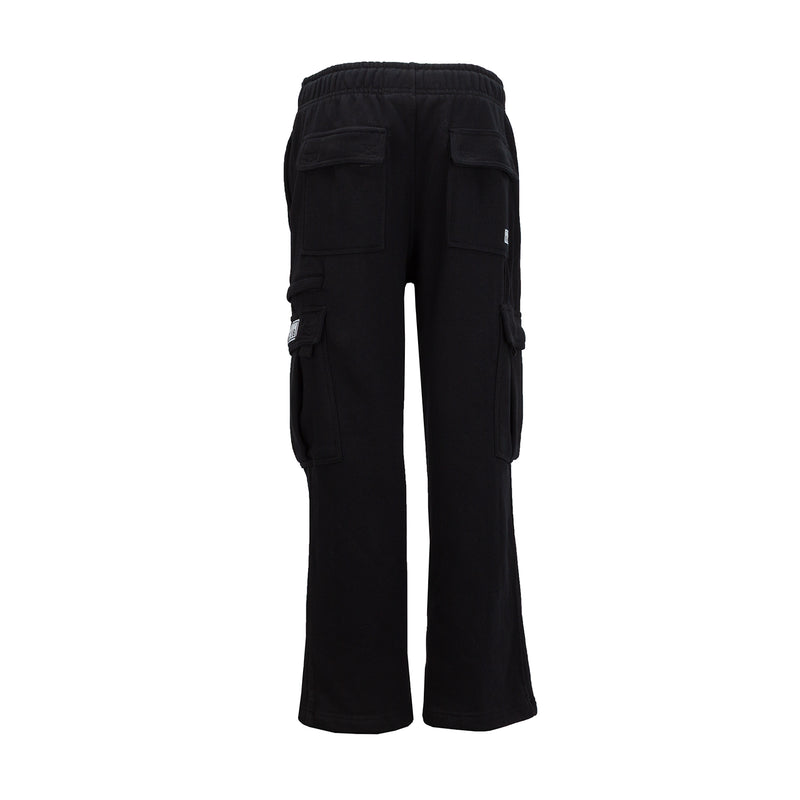 Women's black fleece cargo sweatpants, back view with two cargo flap pockets and elastic waist