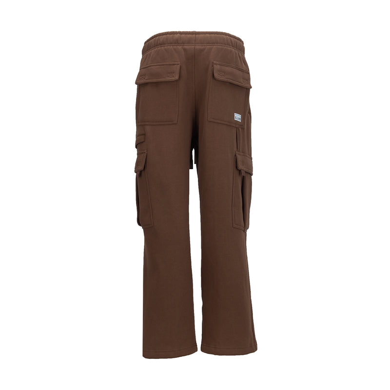 Chocolate brown women's fleece cargo sweatpants with back cargo flap pockets and elastic waistband