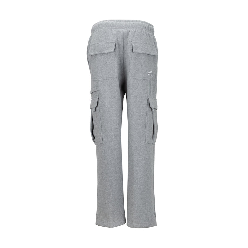 Women's heather grey fleece cargo sweatpants with back patch pockets and wide cuffs