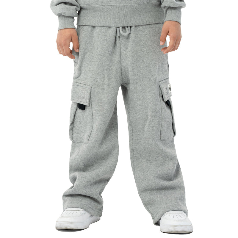 Youth fleece cargo sweatpants in heather grey with drawstring waist and side pockets
