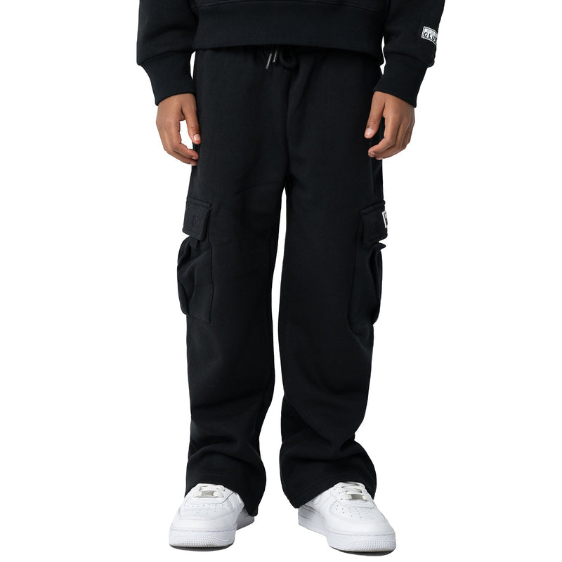 Black youth fleece cargo sweatpants with cuffed hems and side cargo pockets