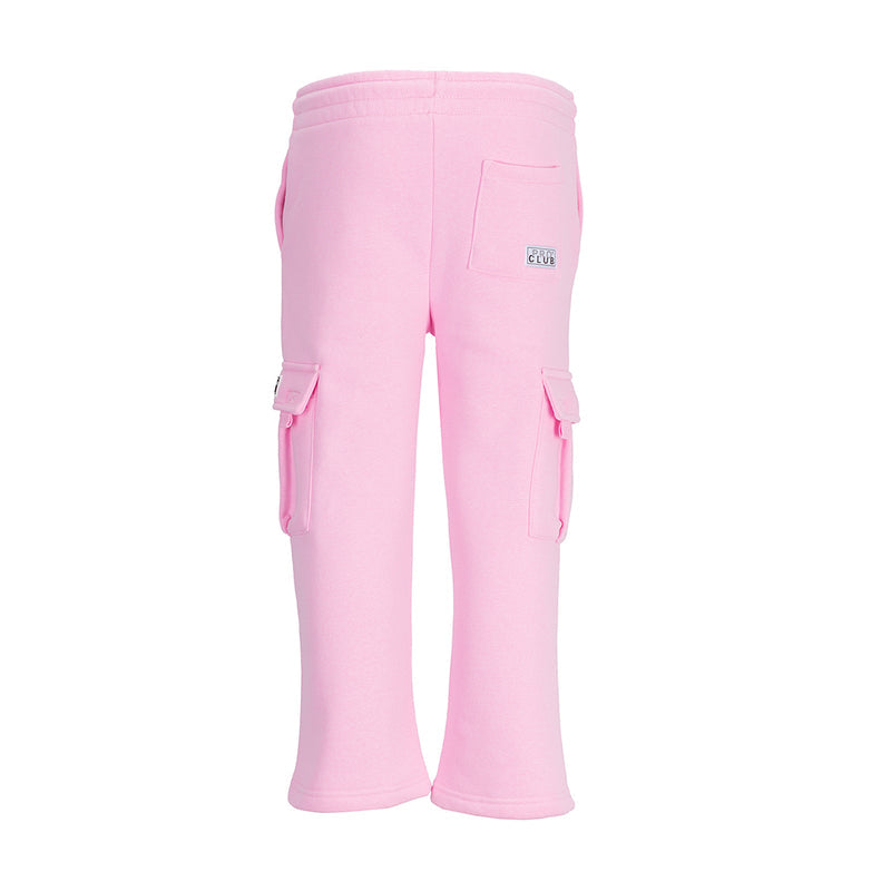 Youth pink fleece cargo sweatpants with cargo pockets on legs and elastic waistband