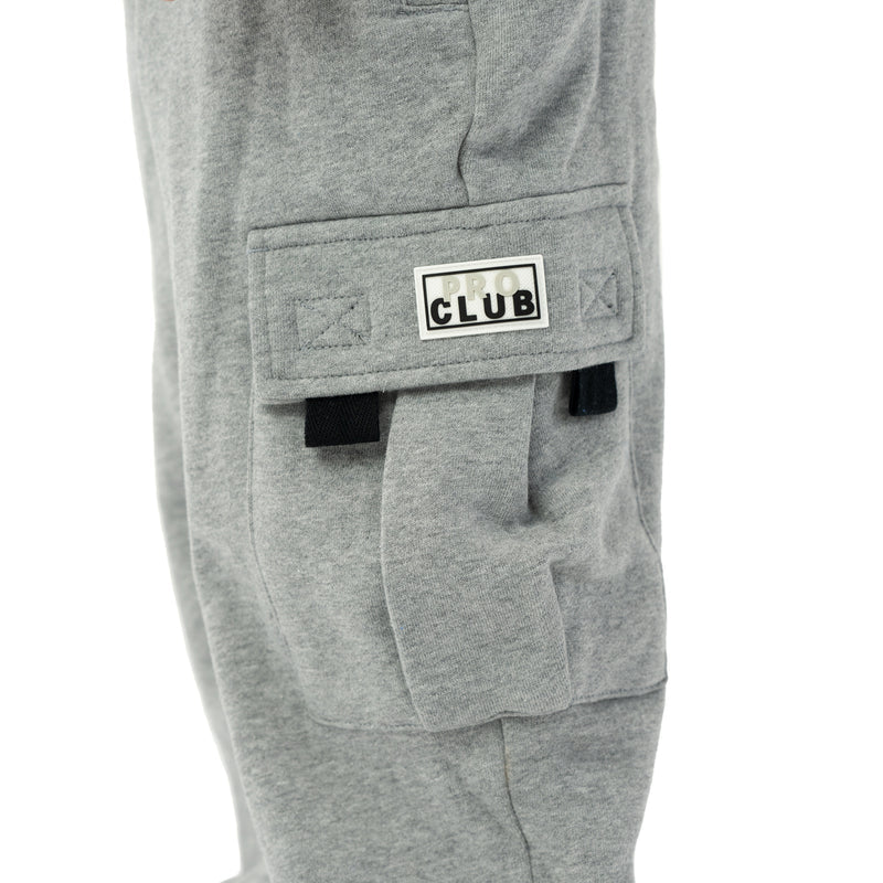 Heather grey fleece cargo sweatpants pocket with PR CLUB label