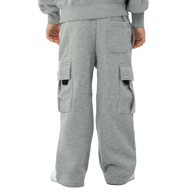 Heather grey youth fleece cargo sweatpants with two side cargo pockets