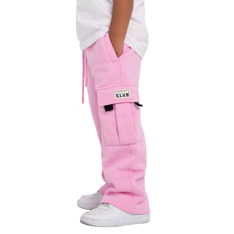 Youth pink fleece cargo sweatpants with leg pocket and drawstrings hanging at hip