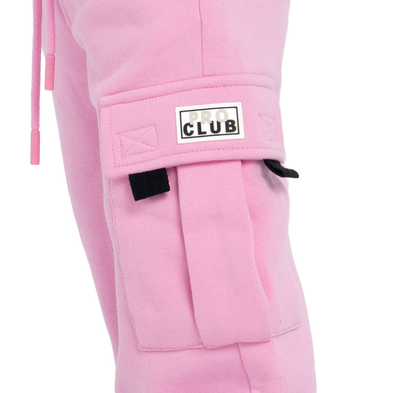 Youth pink cargo sweatpants detail: Pro Club patch and side pocket with black tab